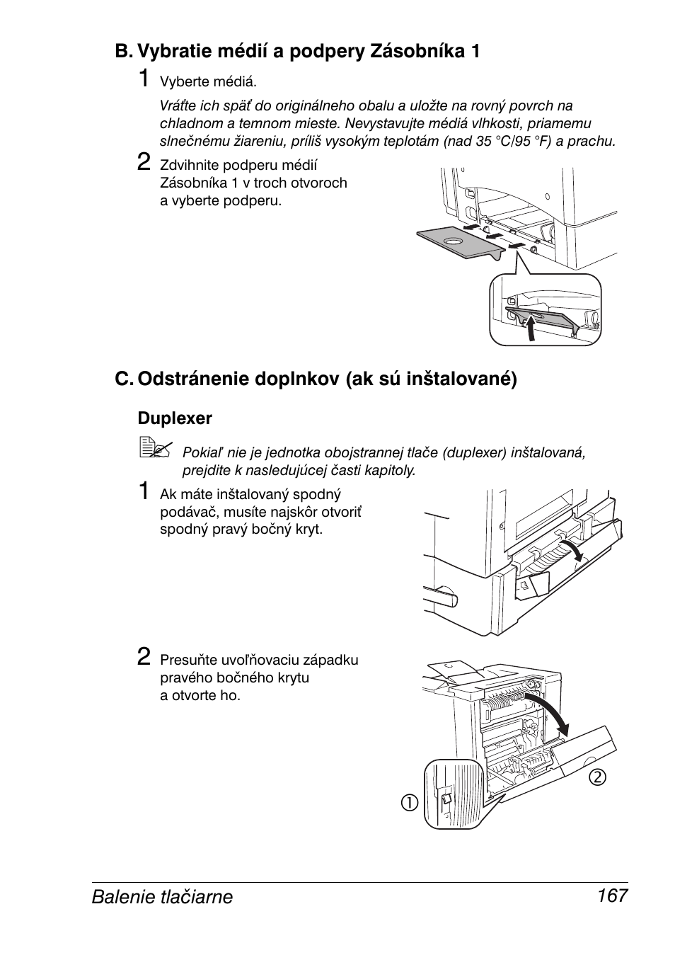 B. vybratie médií a podpery zásobníka 1, C. odstránenie doplnkov (ak sú inštalované), Duplexer | Konica Minolta Magicolor 2350EN User Manual | Page 169 / 208