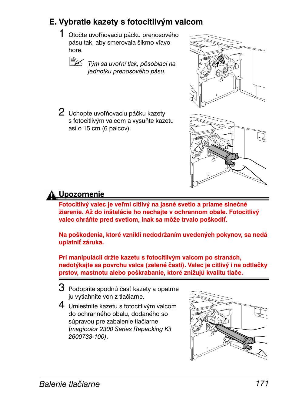 E. vybratie kazety s fotocitlivým valcom, E. vybratie kazety s fotocitlivým valcom 171 | Konica Minolta Magicolor 2350EN User Manual | Page 173 / 208