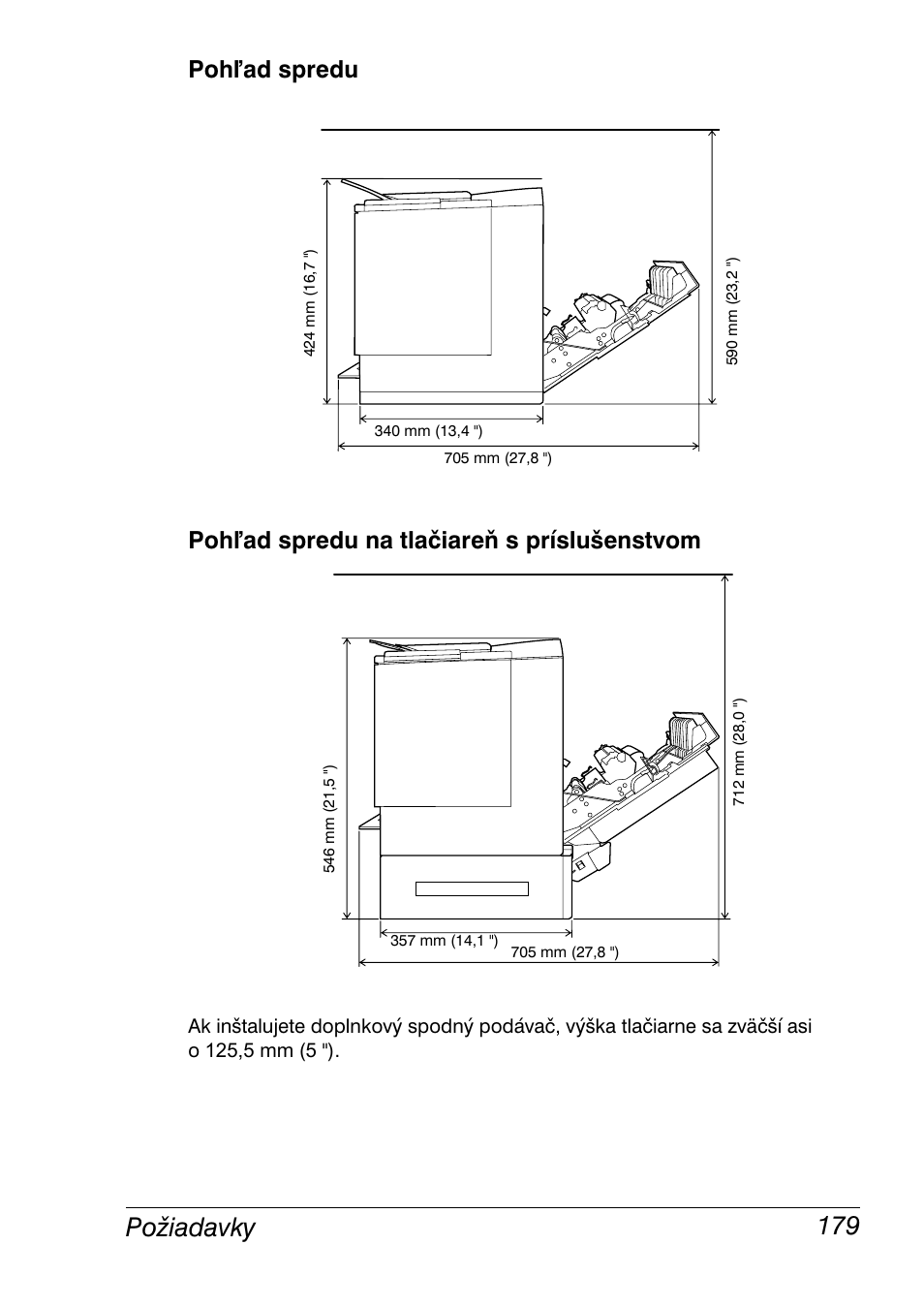 Pohľad spredu, Pohľad spredu na tlačiareň s príslušenstvom, Požiadavky 179 | Konica Minolta Magicolor 2350EN User Manual | Page 181 / 208