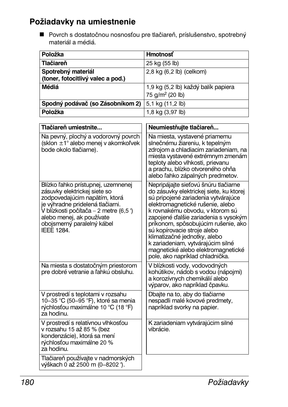 Požiadavky na umiestnenie, Požiadavky na umiestnenie 180, Požiadavky 180 požiadavky na umiestnenie | Konica Minolta Magicolor 2350EN User Manual | Page 182 / 208