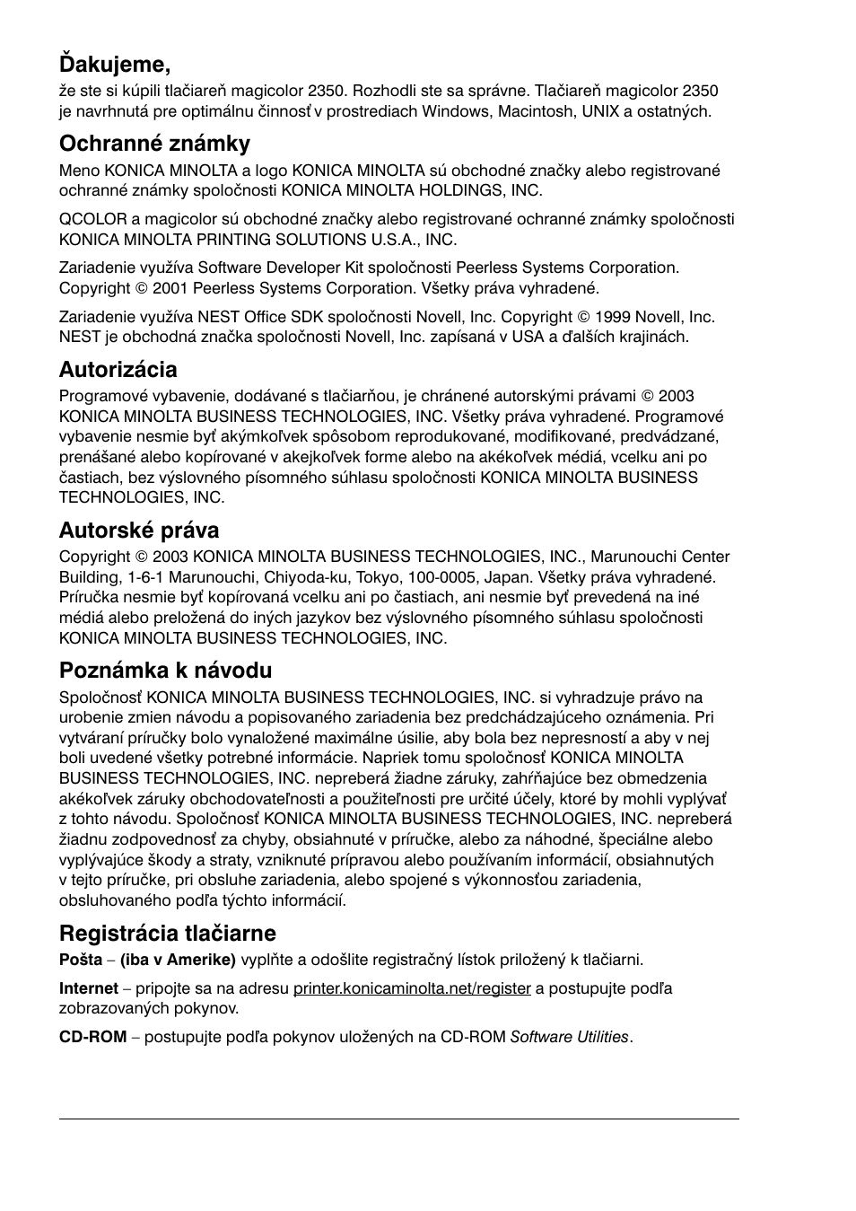 Ďakujeme, Ochranné známky, Autorizácia | Autorské práva, Poznámka k návodu, Registrácia tlačiarne | Konica Minolta Magicolor 2350EN User Manual | Page 2 / 208