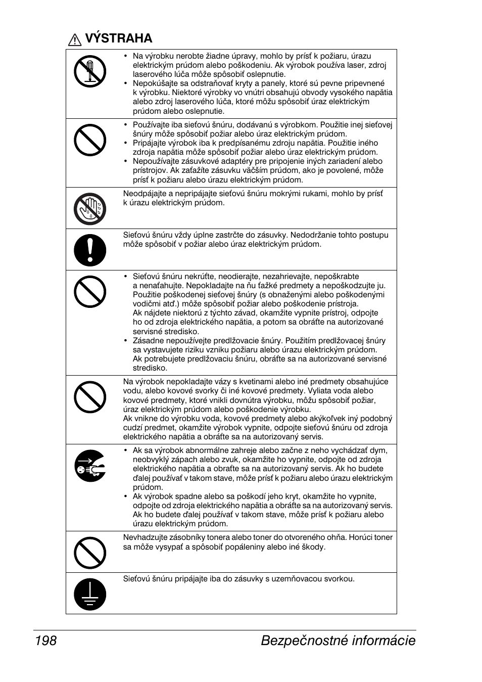 Bezpečnostné informácie 198, Výstraha | Konica Minolta Magicolor 2350EN User Manual | Page 200 / 208