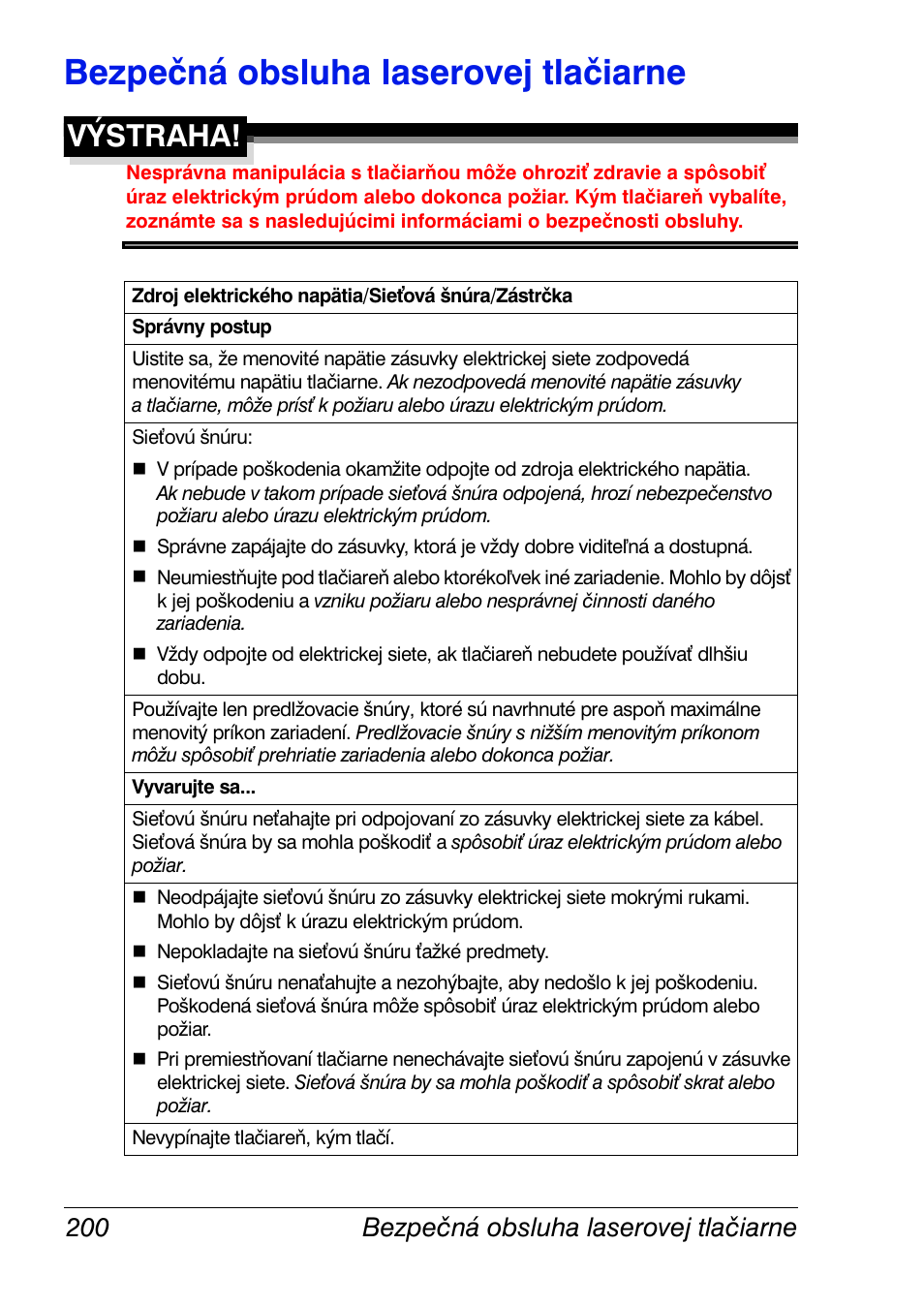 Bezpečná obsluha laserovej tlačiarne, Bezpečná obsluha laserovej tlačiarne 200, Výstraha | Konica Minolta Magicolor 2350EN User Manual | Page 202 / 208