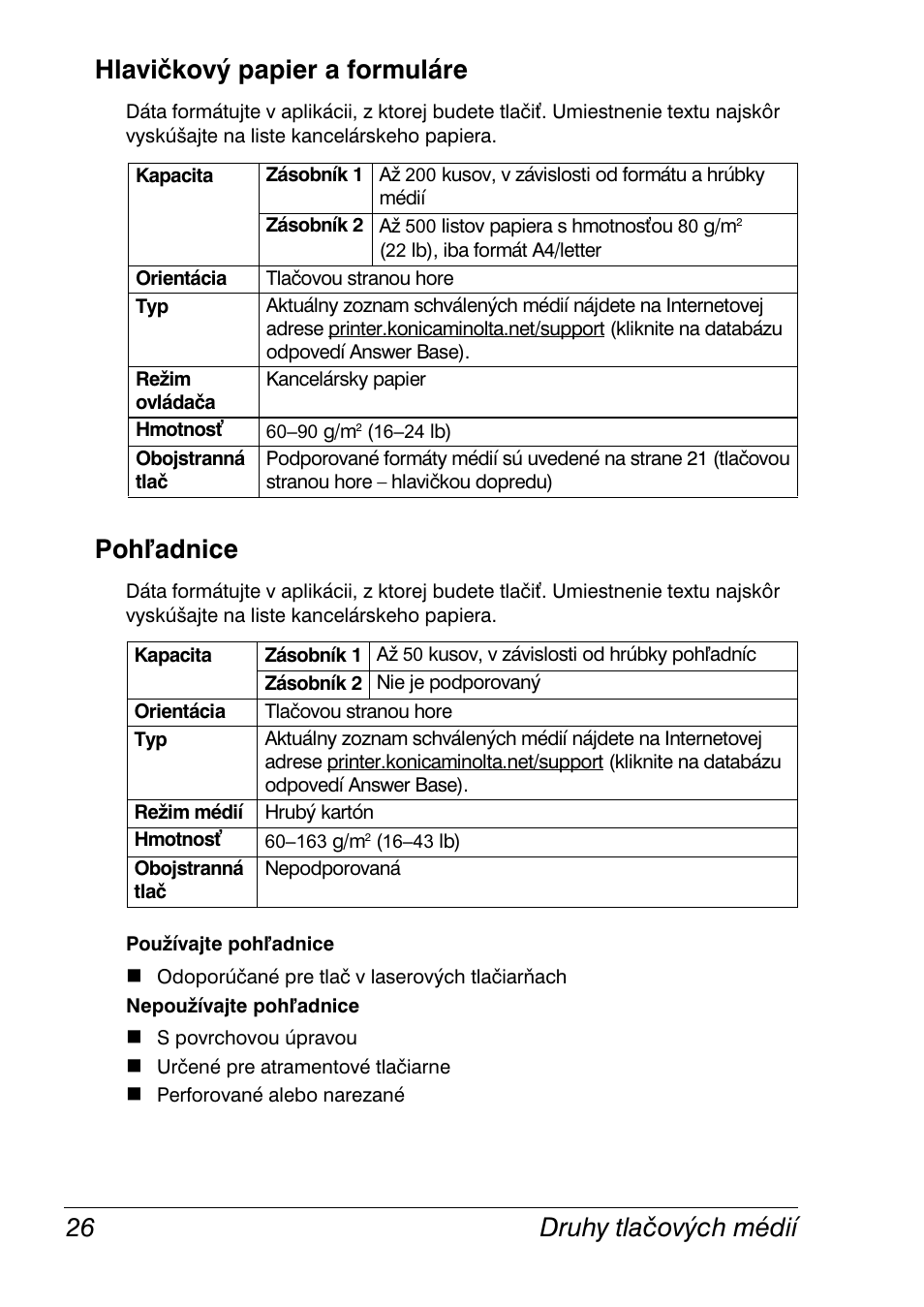 Hlavičkový papier a formuláre, Pohľadnice, Hlavičkový papier a formuláre 26 poh adnice 26 | Poh adnice | Konica Minolta Magicolor 2350EN User Manual | Page 28 / 208