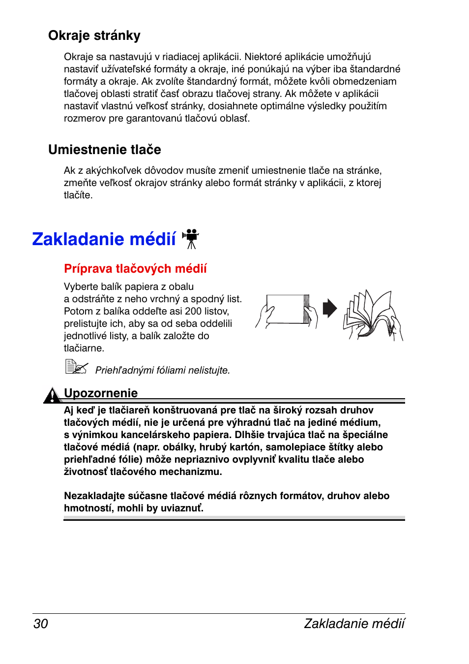 Okraje stránky, Umiestnenie tlače, Zakladanie médií | Okraje stránky 30 umiestnenie tlače 30, Zakladanie médií 30 | Konica Minolta Magicolor 2350EN User Manual | Page 32 / 208