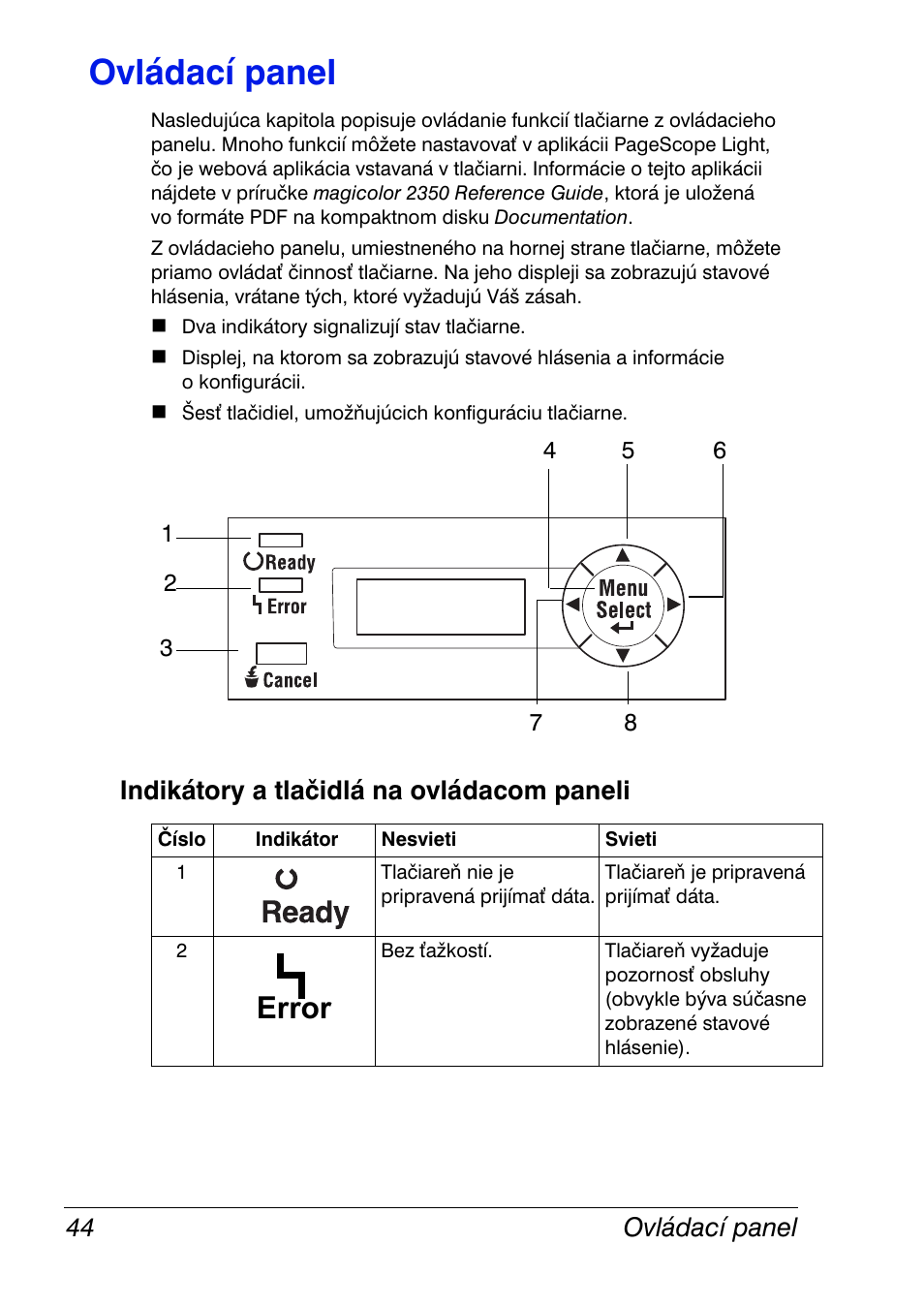 Ovládací panel, Indikátory a tlačidlá na ovládacom paneli, Ovládací panel 44 | Indikátory a tlačidlá na ovládacom paneli 44, Error | Konica Minolta Magicolor 2350EN User Manual | Page 46 / 208