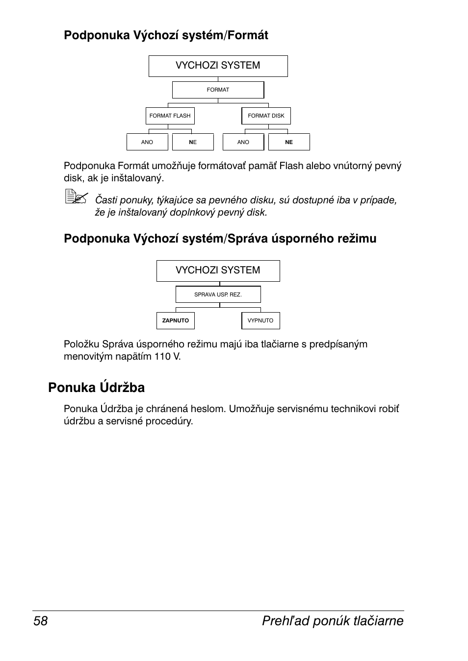 Podponuka výchozí systém/formát, Podponuka výchozí systém/správa úsporného režimu, Ponuka údržba | Ponuka údržba 58, Preh ad ponúk tlačiarne 58 | Konica Minolta Magicolor 2350EN User Manual | Page 60 / 208