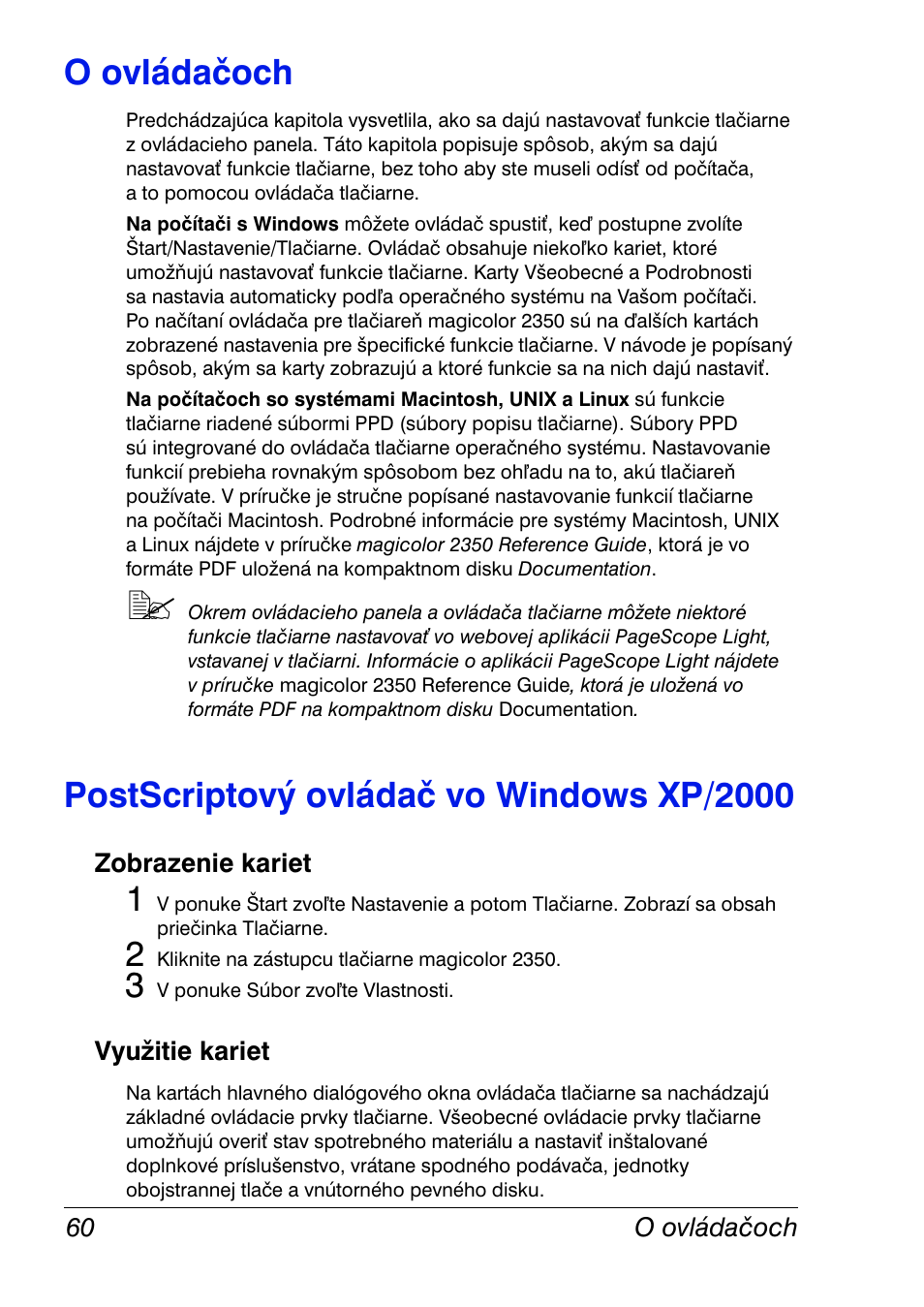 O ovládačoch, Postscriptový ovládač vo windows xp/2000, Zobrazenie kariet | Využitie kariet, Zobrazenie kariet 60 využitie kariet 60 | Konica Minolta Magicolor 2350EN User Manual | Page 62 / 208