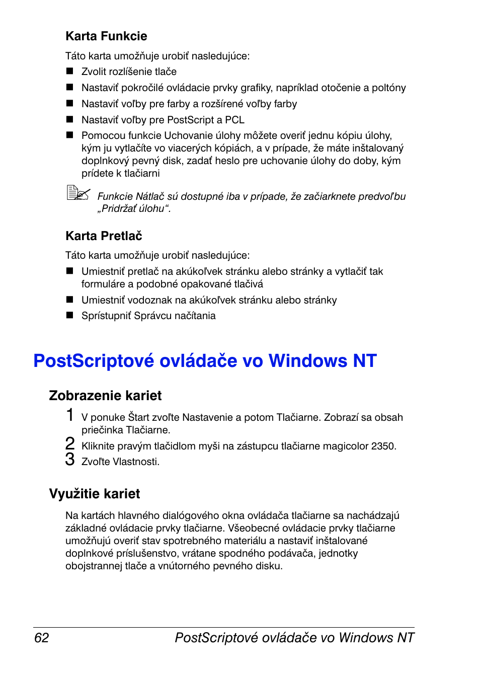 Karta funkcie, Karta pretlač, Postscriptové ovládače vo windows nt | Zobrazenie kariet, Využitie kariet, Postscriptové ovládače vo windows nt 62, Zobrazenie kariet 62 využitie kariet 62 | Konica Minolta Magicolor 2350EN User Manual | Page 64 / 208