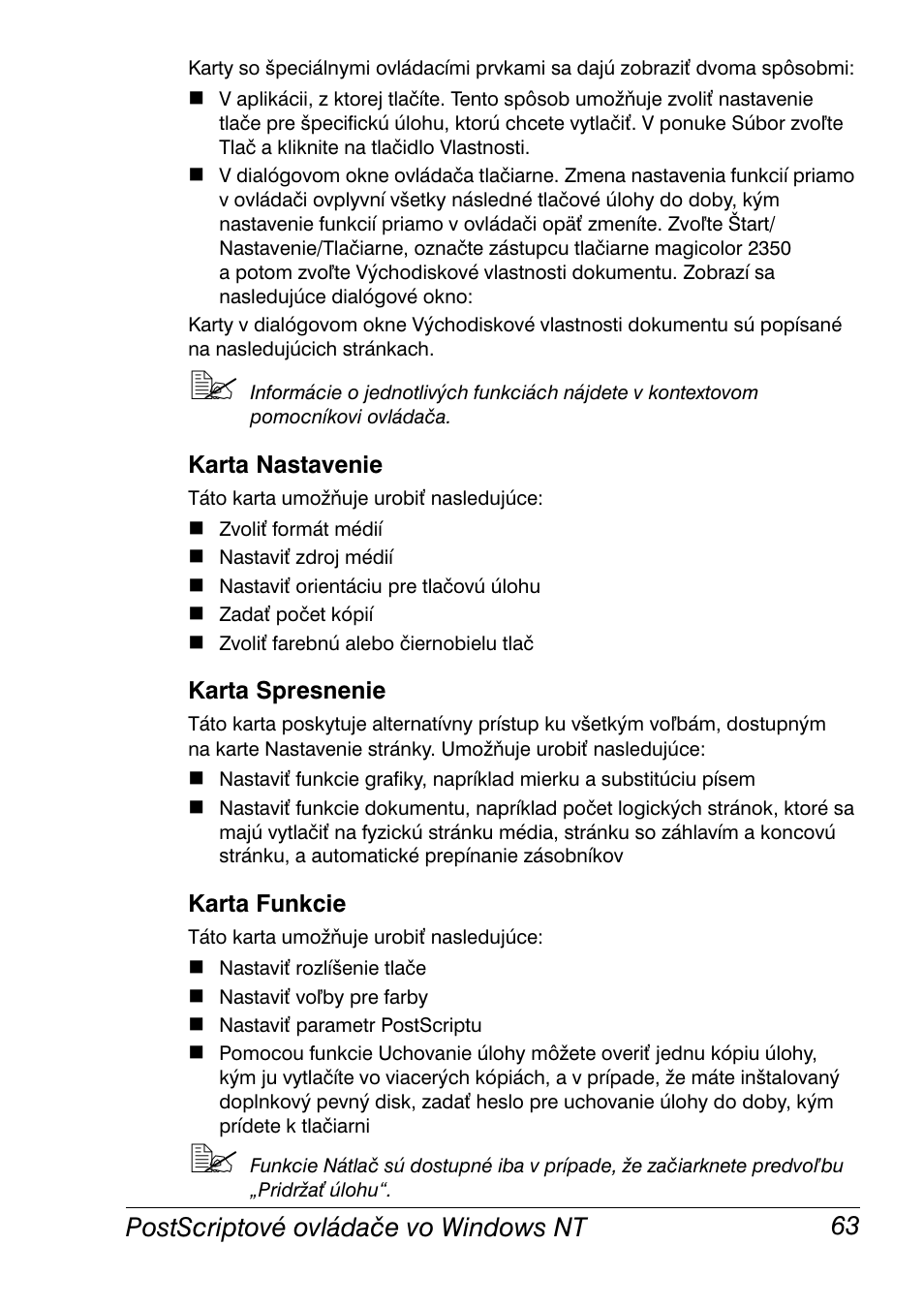 Karta nastavenie, Karta spresnenie, Karta funkcie | Postscriptové ovládače vo windows nt 63 | Konica Minolta Magicolor 2350EN User Manual | Page 65 / 208