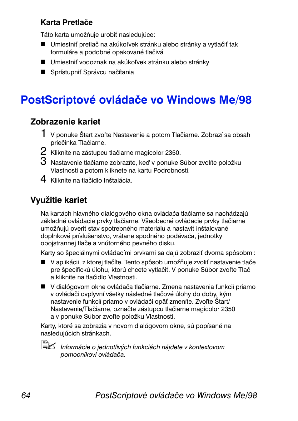 Karta pretlače, Postscriptové ovládače vo windows me/98, Zobrazenie kariet | Využitie kariet, Postscriptové ovládače vo windows me/98 64, Zobrazenie kariet 64 využitie kariet 64 | Konica Minolta Magicolor 2350EN User Manual | Page 66 / 208