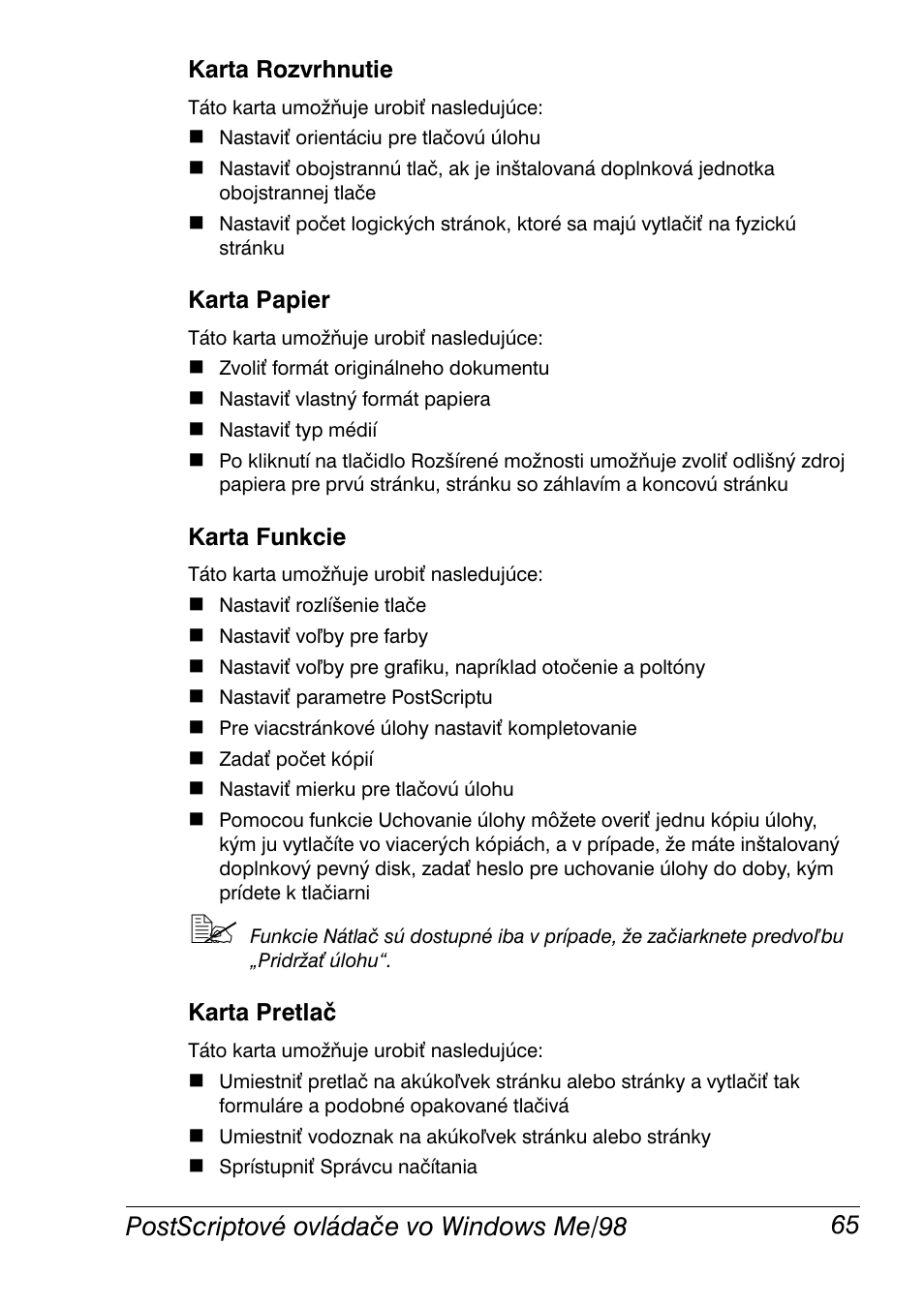 Karta rozvrhnutie, Karta papier, Karta funkcie | Karta pretlač, Postscriptové ovládače vo windows me/98 65 | Konica Minolta Magicolor 2350EN User Manual | Page 67 / 208