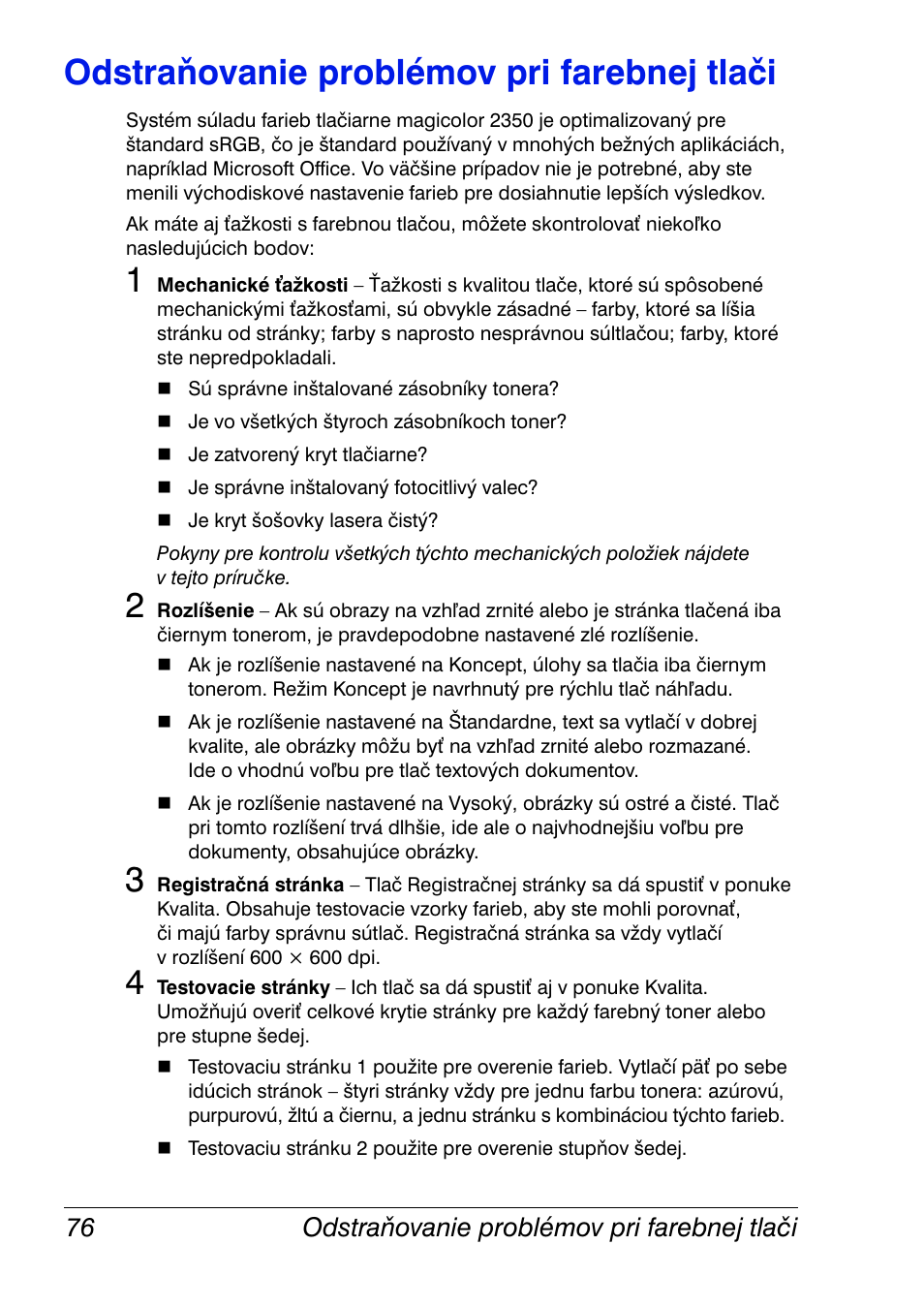 Odstraňovanie problémov pri farebnej tlači, Odstraňovanie problémov pri farebnej tlači 76 | Konica Minolta Magicolor 2350EN User Manual | Page 78 / 208