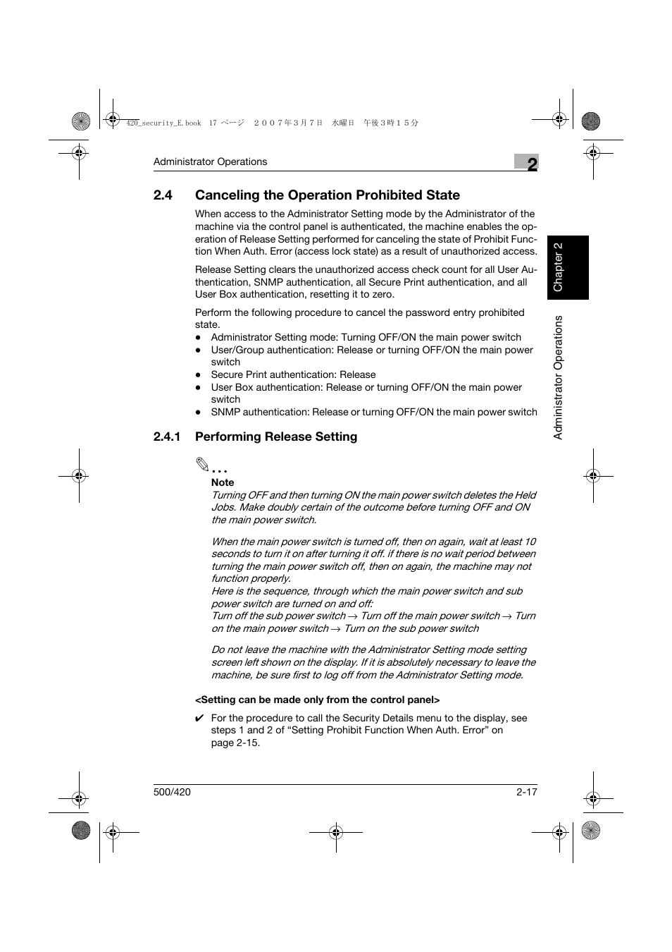 4 canceling the operation prohibited state, 1 performing release setting, Setting can be made only from the control panel | Canceling the operation prohibited state -17 | Konica Minolta bizhub 500 User Manual | Page 36 / 194