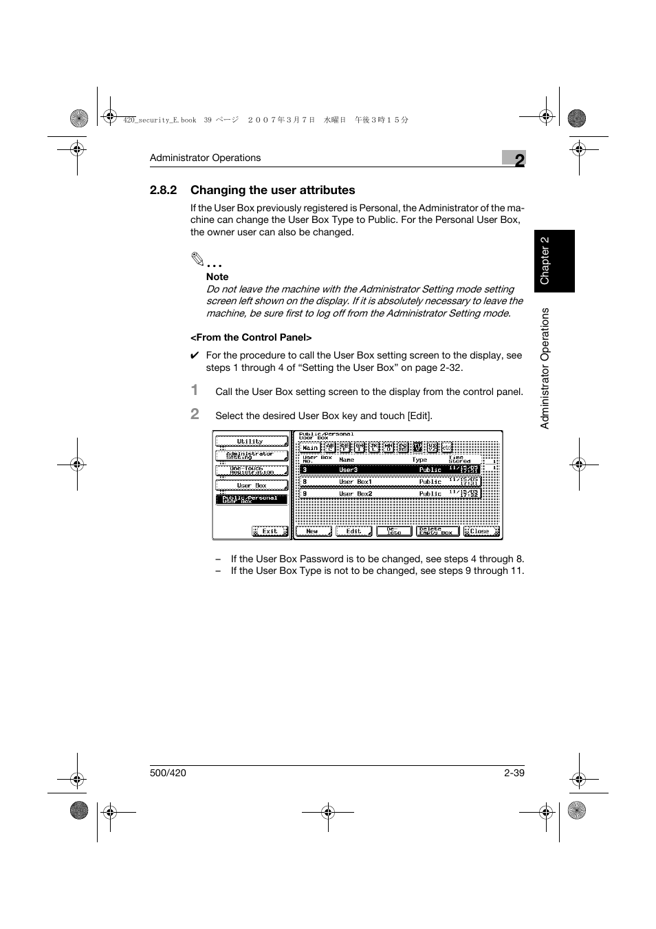 2 changing the user attributes, From the control panel | Konica Minolta bizhub 500 User Manual | Page 58 / 194