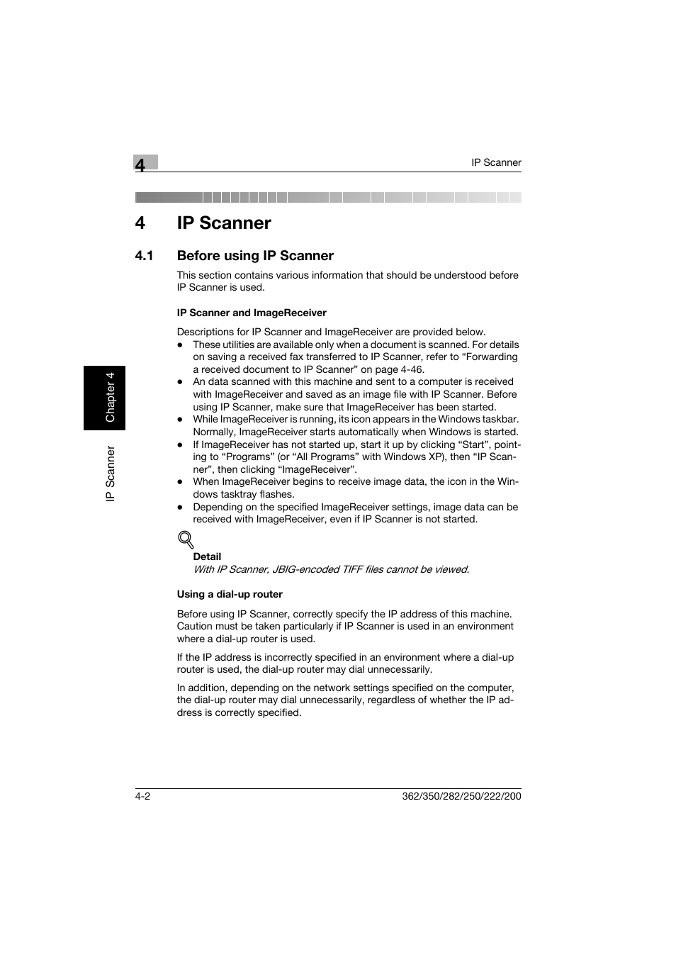 4 ip scanner, 1 before using ip scanner, Ip scanner and imagereceiver | Using a dial-up router, Ip scanner, Before using ip scanner -2, 4ip scanner | Konica Minolta bizhub 282 User Manual | Page 117 / 288