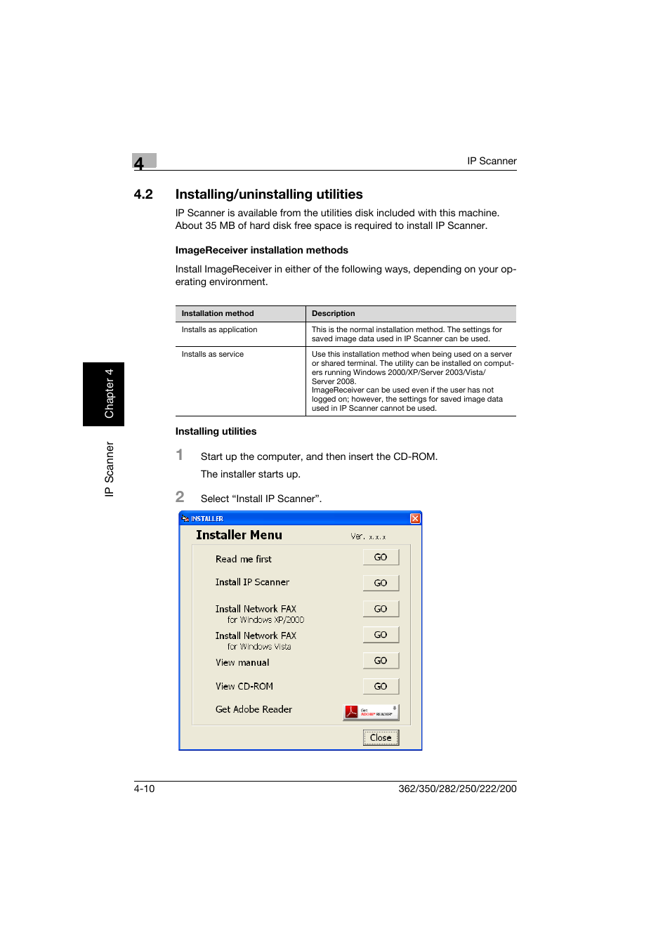 2 installing/uninstalling utilities, Imagereceiver installation methods, Installing utilities | Installing/uninstalling utilities -10 | Konica Minolta bizhub 282 User Manual | Page 125 / 288