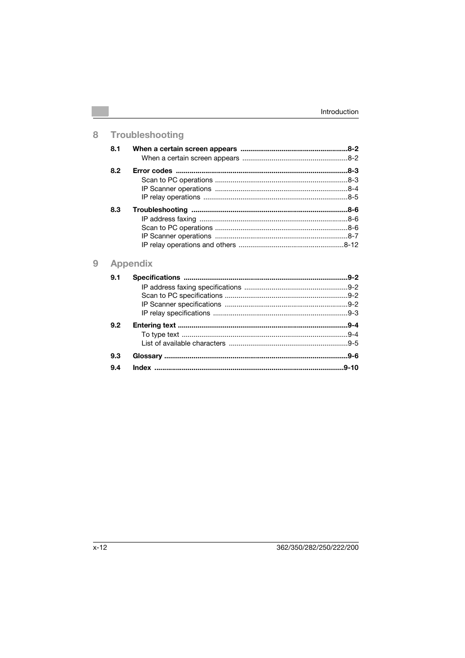 8troubleshooting, 9appendix | Konica Minolta bizhub 282 User Manual | Page 13 / 288