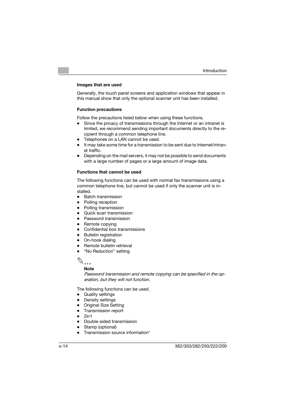 Images that are used, Function precautions, Functions that cannot be used | Konica Minolta bizhub 282 User Manual | Page 15 / 288