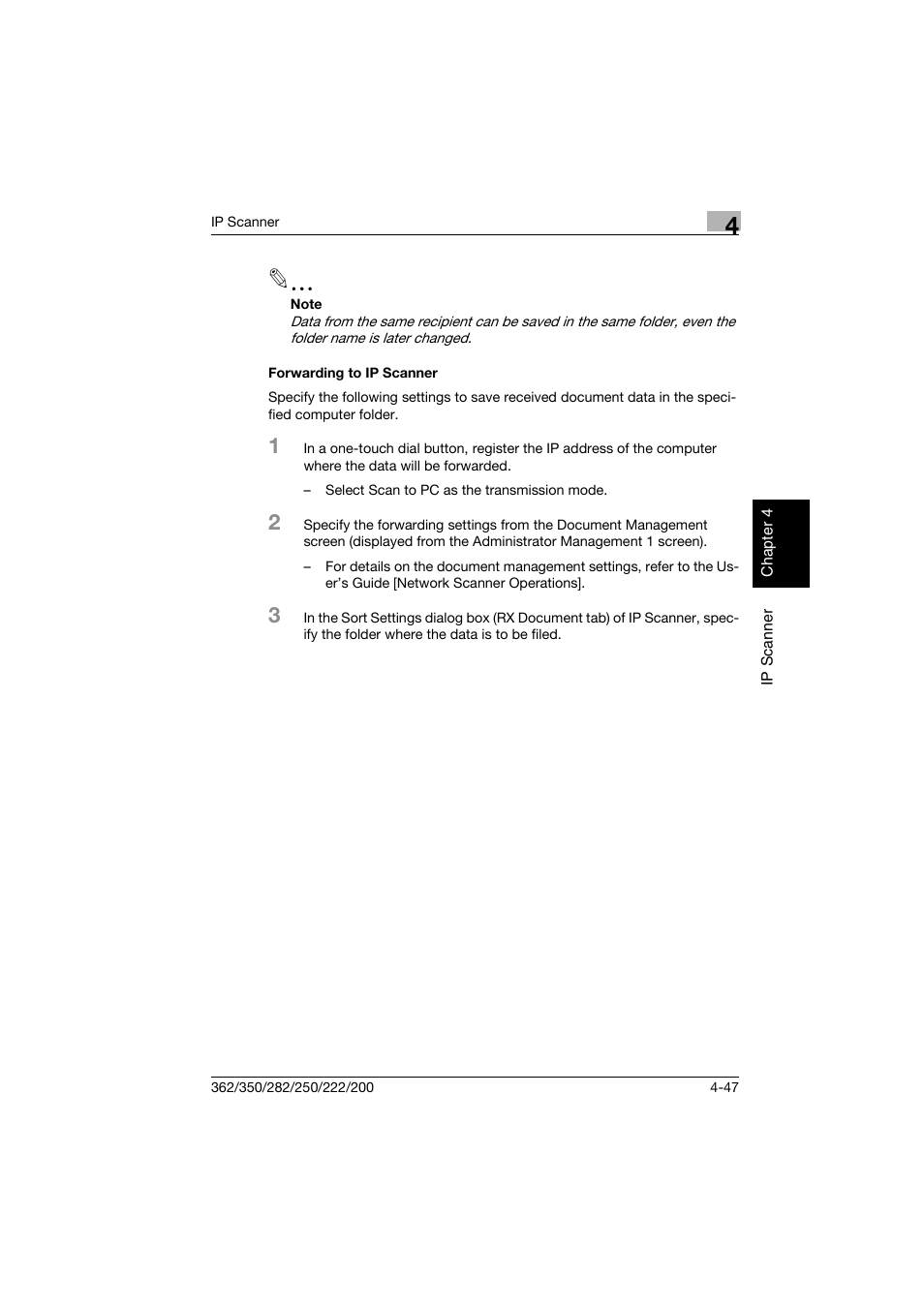 Forwarding to ip scanner, Forwarding to ip scanner -47 | Konica Minolta bizhub 282 User Manual | Page 162 / 288