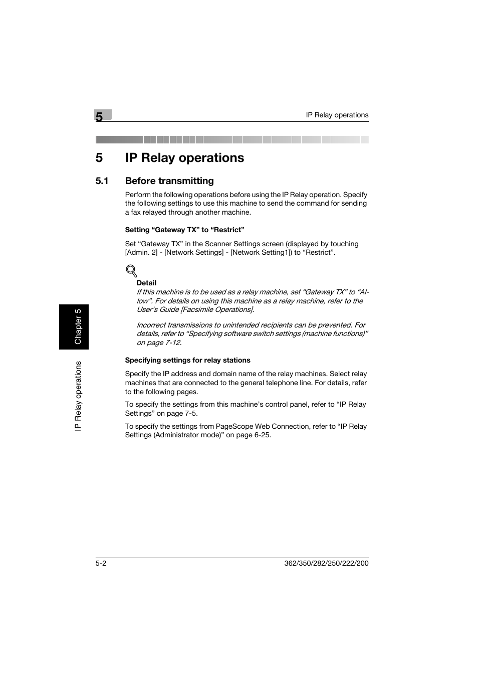 5 ip relay operations, 1 before transmitting, Setting “gateway tx” to “restrict | Specifying settings for relay stations, Ip relay operations, Before transmitting -2, 5ip relay operations | Konica Minolta bizhub 282 User Manual | Page 165 / 288