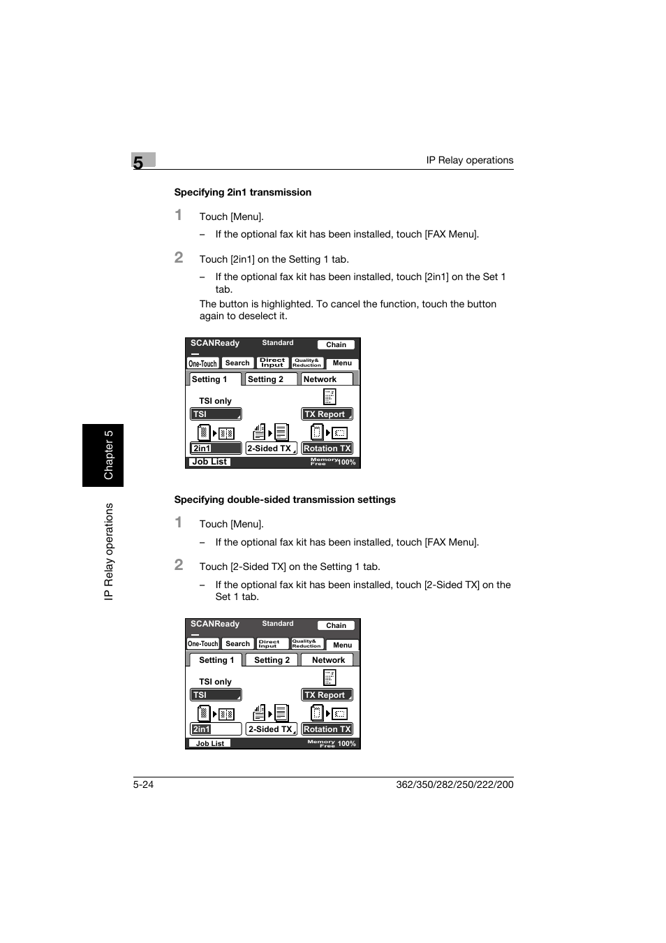 Specifying 2in1 transmission, Specifying double-sided transmission settings | Konica Minolta bizhub 282 User Manual | Page 187 / 288