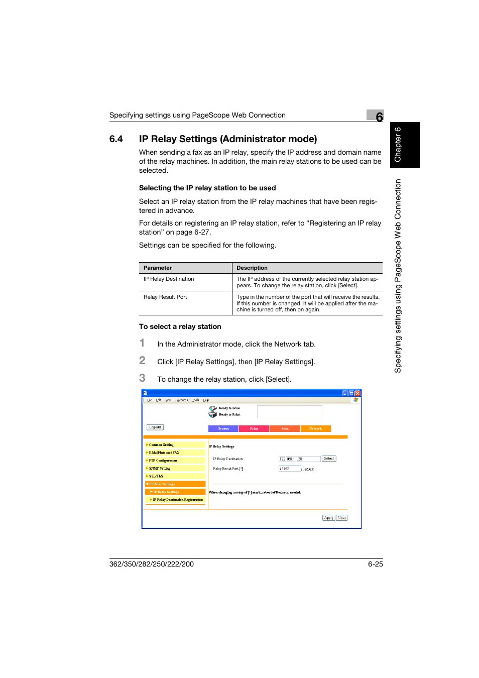 4 ip relay settings (administrator mode), Selecting the ip relay station to be used, To select a relay station | Ip relay settings (administrator mode) -25 | Konica Minolta bizhub 282 User Manual | Page 228 / 288
