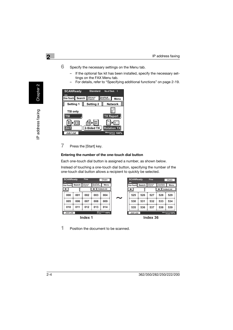 Entering the number of the one-touch dial button, Ip ad dr es s fa x ing chapter 2, Index 1 index 36 | Konica Minolta bizhub 282 User Manual | Page 29 / 288