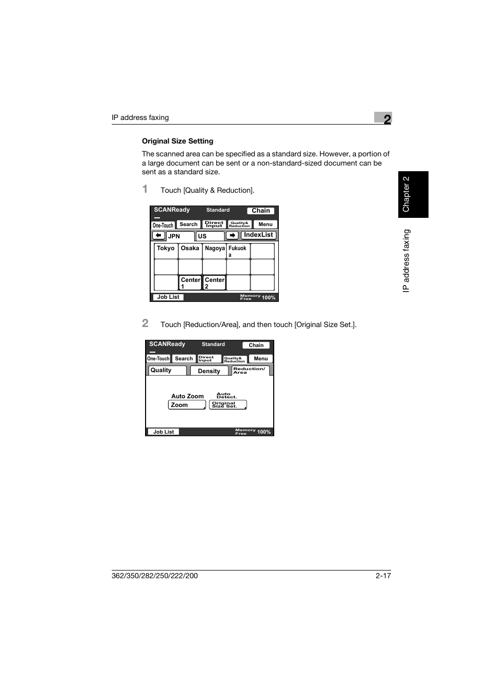 Original size setting, Original size setting -17, Ip ad dr es s fa x ing chapter 2 | Konica Minolta bizhub 282 User Manual | Page 42 / 288