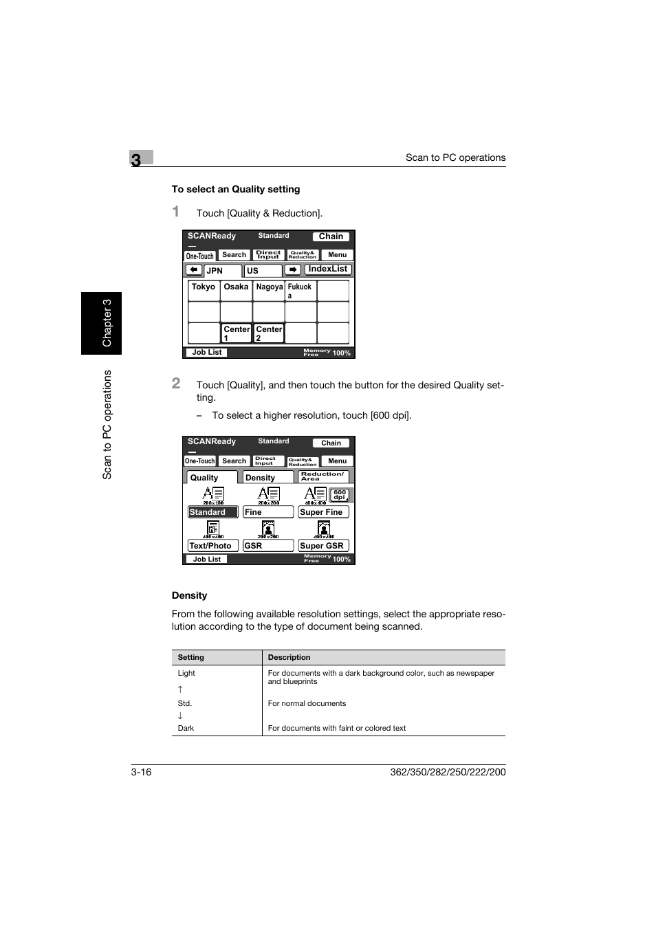 To select an quality setting, Density, To select an quality setting -16 density -16 | Konica Minolta bizhub 282 User Manual | Page 91 / 288