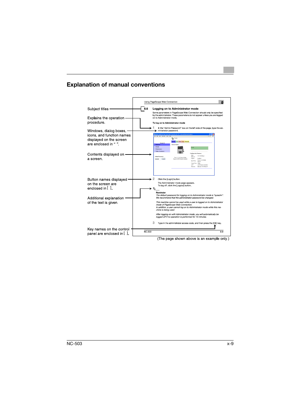 Explanation of manual conventions, Nc-503 x-9 | Konica Minolta NC-503 User Manual | Page 10 / 244