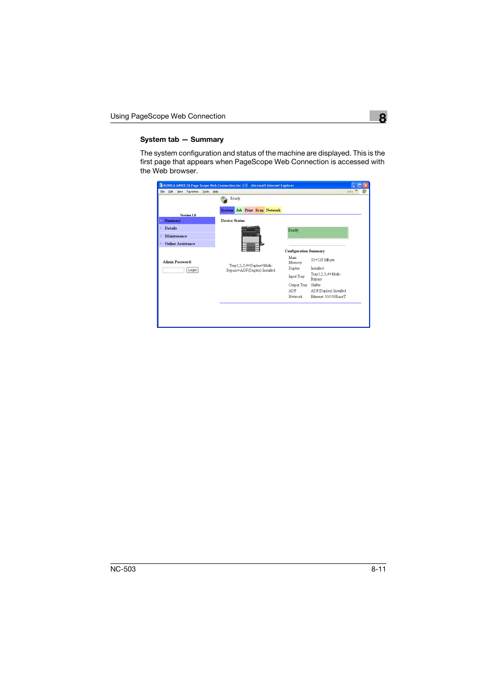 System tab - summary, System tab — summary -11 | Konica Minolta NC-503 User Manual | Page 176 / 244