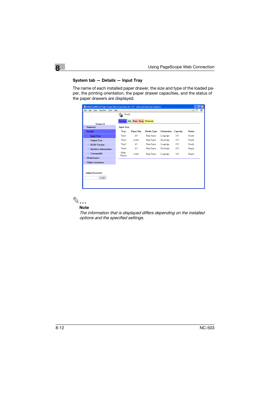 System tab - details - input tray, System tab — details — input tray -12 | Konica Minolta NC-503 User Manual | Page 177 / 244