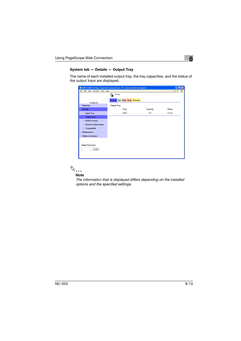 System tab - details - output tray, System tab — details — output tray -13 | Konica Minolta NC-503 User Manual | Page 178 / 244