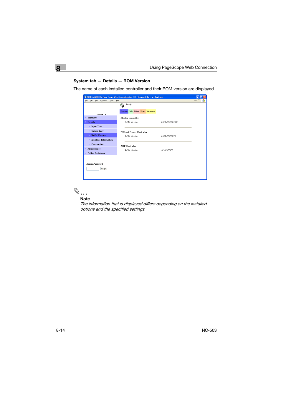 System tab - details - rom version, System tab — details — rom version -14 | Konica Minolta NC-503 User Manual | Page 179 / 244