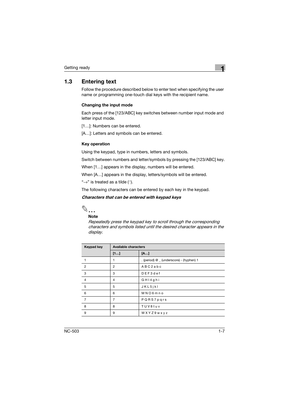 3 entering text, Changing the input mode, Key operation | Entering text -7, Changing the input mode -7 key operation -7 | Konica Minolta NC-503 User Manual | Page 18 / 244