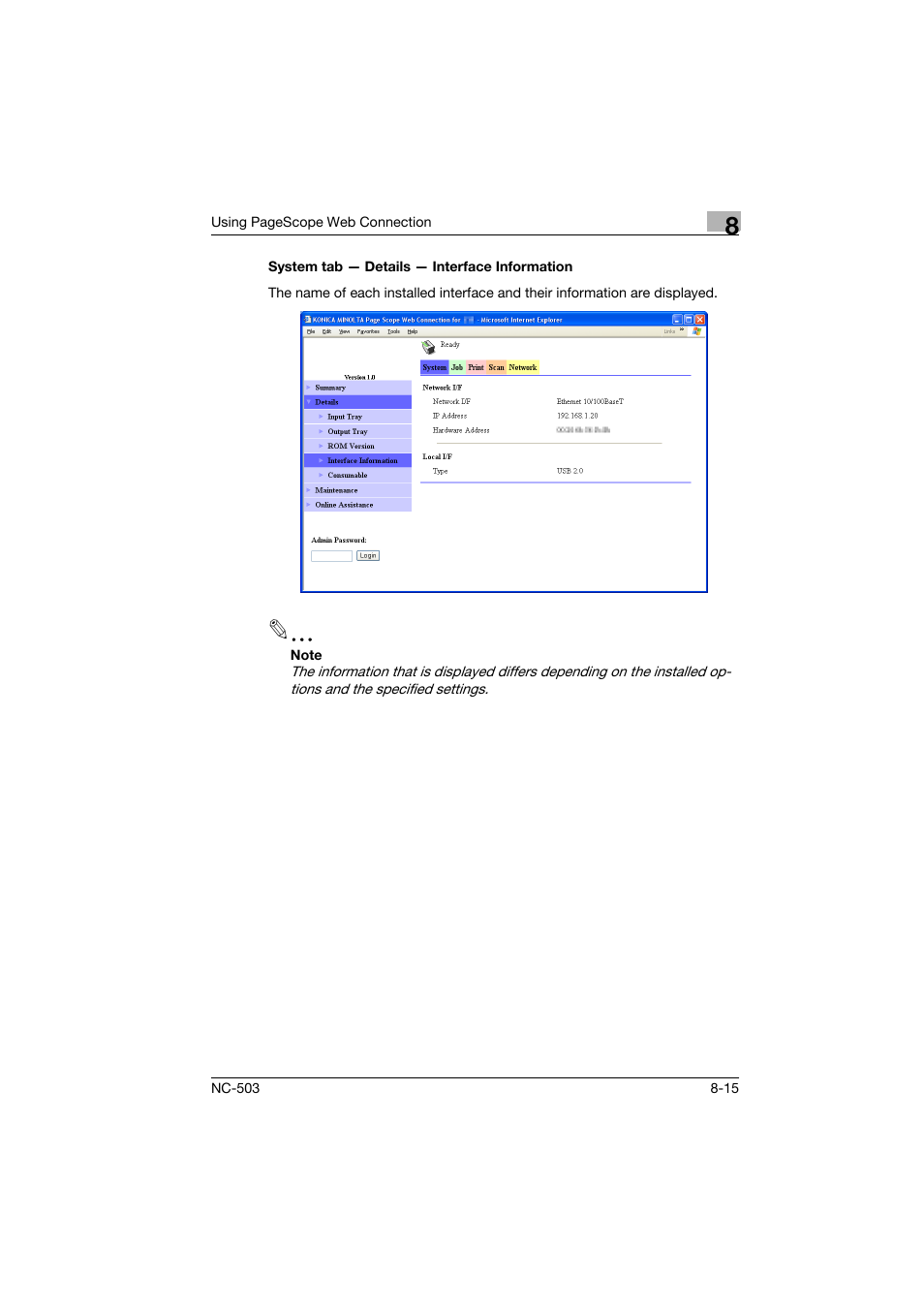 System tab - details - interface information, System tab — details — interface information -15 | Konica Minolta NC-503 User Manual | Page 180 / 244