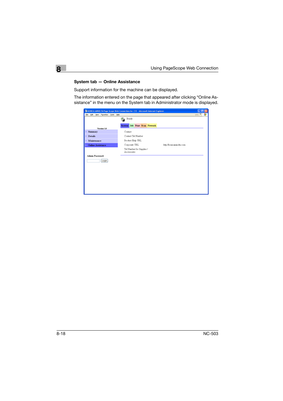 System tab - online assistance, System tab — online assistance -18 | Konica Minolta NC-503 User Manual | Page 183 / 244