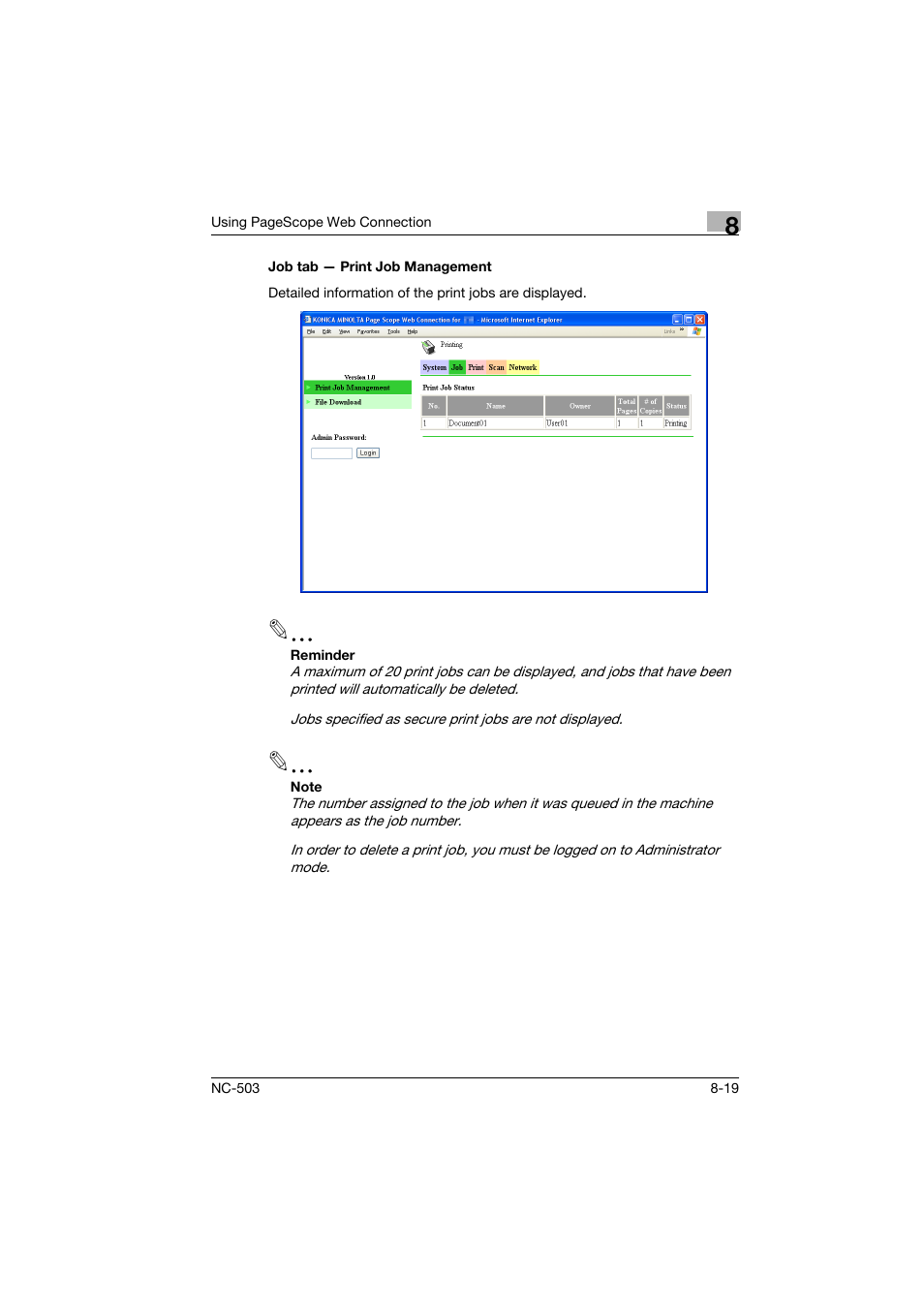 Job tab - print job management, Job tab — print job management -19 | Konica Minolta NC-503 User Manual | Page 184 / 244