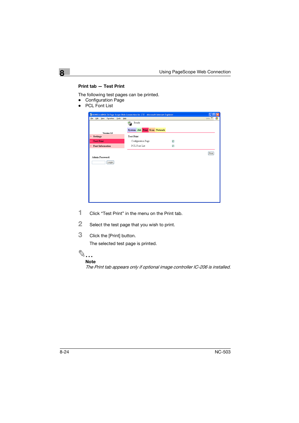 Print tab - test print, Print tab — test print -24 | Konica Minolta NC-503 User Manual | Page 189 / 244