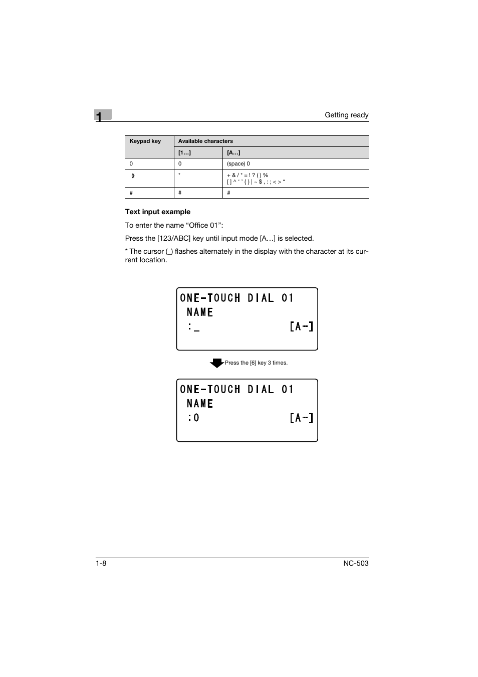 Text input example, Text input example -8 | Konica Minolta NC-503 User Manual | Page 19 / 244