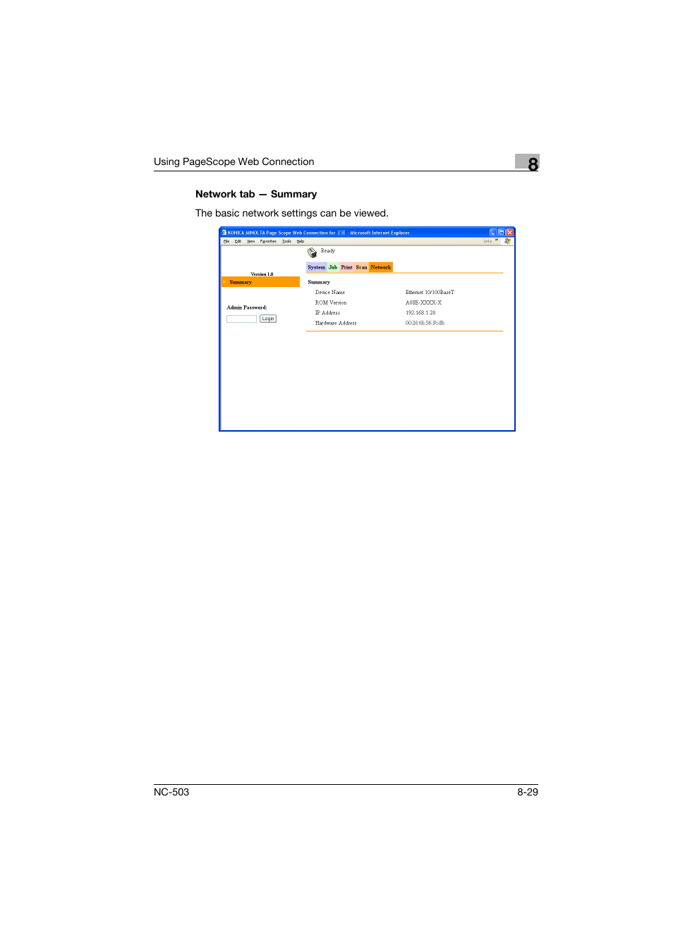 Network tab - summary, Network tab — summary -29 | Konica Minolta NC-503 User Manual | Page 194 / 244