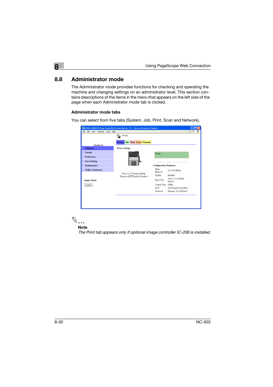 8 administrator mode, Administrator mode tabs, Administrator mode -30 | Administrator mode tabs -30 | Konica Minolta NC-503 User Manual | Page 195 / 244