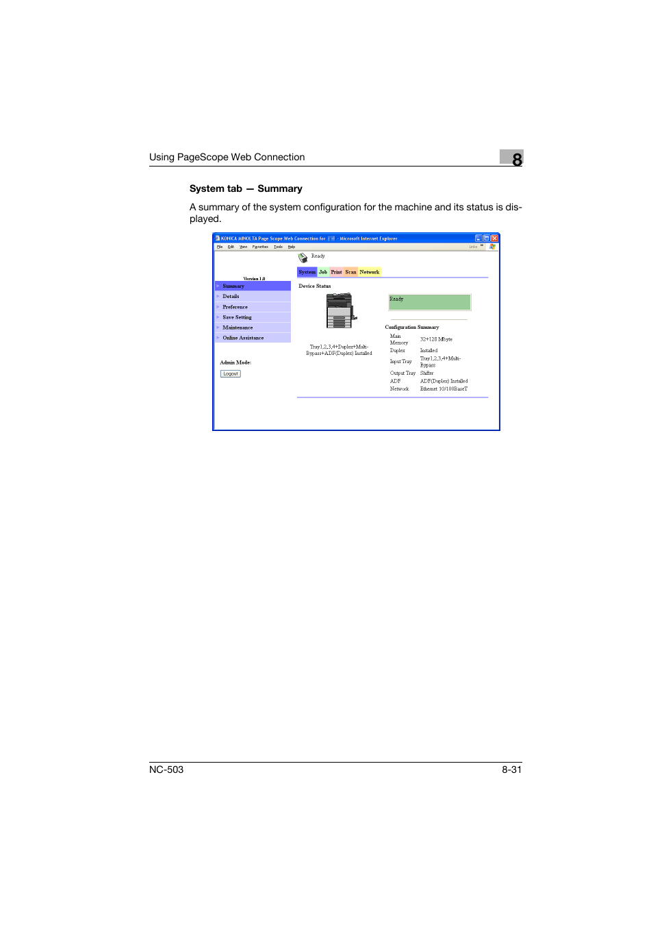 System tab - summary, System tab — summary -31 | Konica Minolta NC-503 User Manual | Page 196 / 244