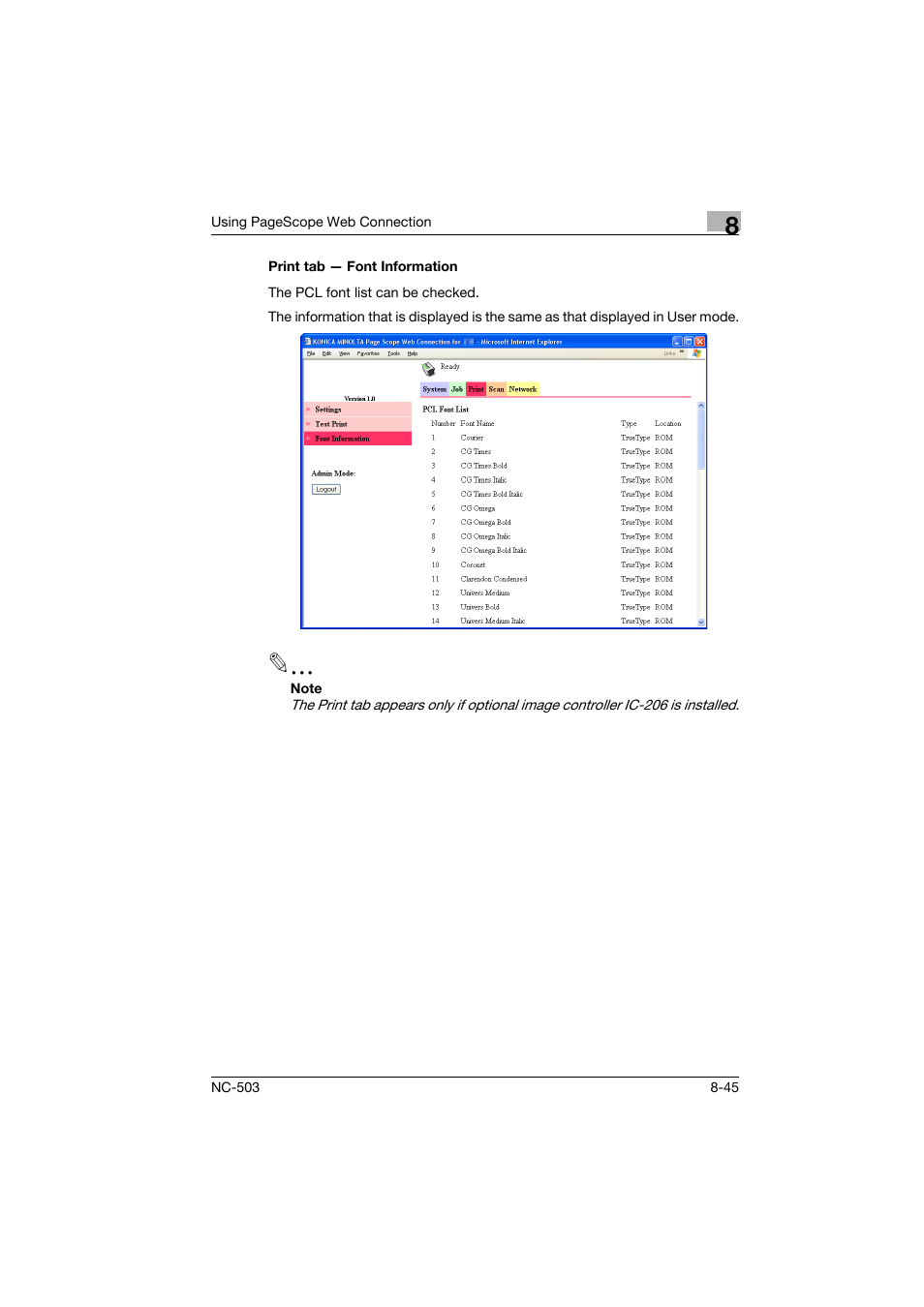 Print tab - font information, Print tab — font information -45 | Konica Minolta NC-503 User Manual | Page 210 / 244