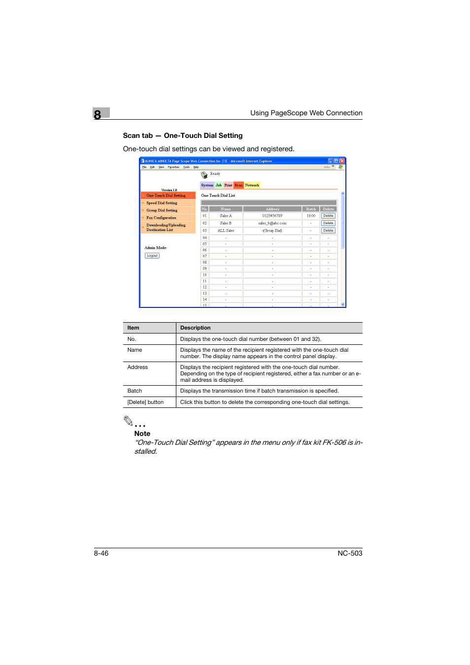 Scan tab - one-touch dial setting, Scan tab — one-touch dial setting -46 | Konica Minolta NC-503 User Manual | Page 211 / 244