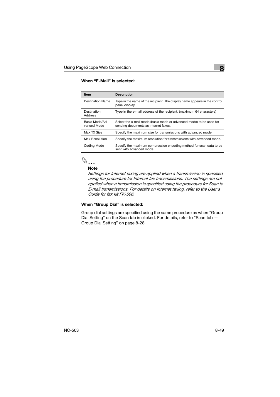 When “e-mail” is selected, When “group dial” is selected | Konica Minolta NC-503 User Manual | Page 214 / 244