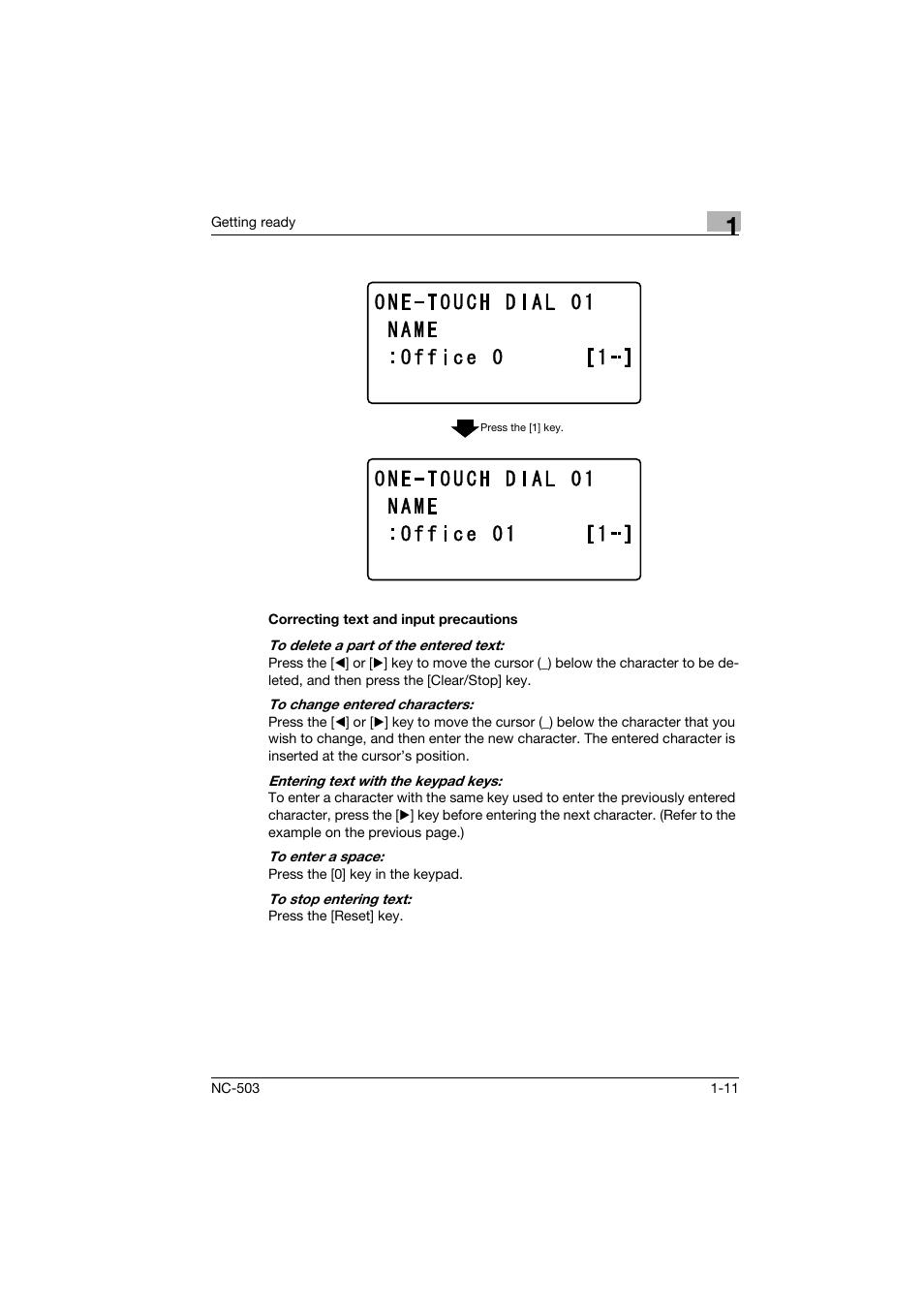 Correcting text and input precautions, Correcting text and input precautions -11 | Konica Minolta NC-503 User Manual | Page 22 / 244