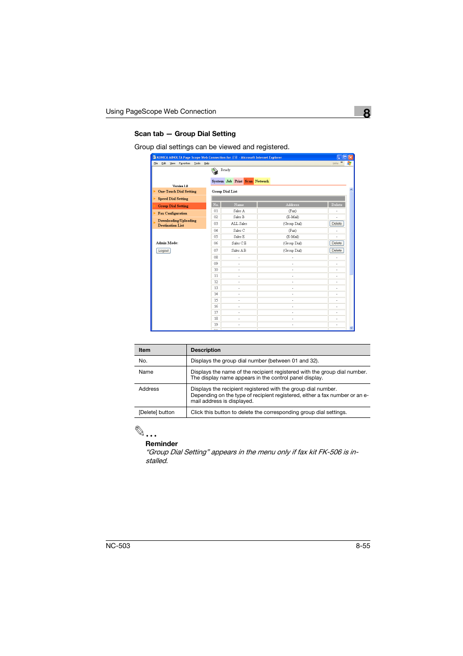 Scan tab - group dial setting, Scan tab — group dial setting -55 | Konica Minolta NC-503 User Manual | Page 220 / 244