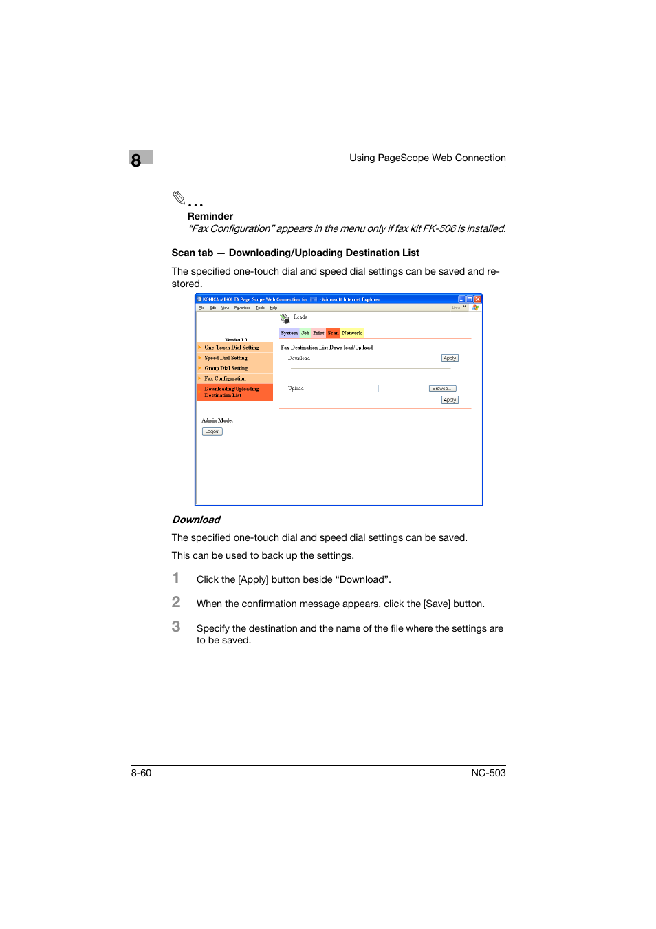 Scan tab - downloading/uploading destination list | Konica Minolta NC-503 User Manual | Page 225 / 244